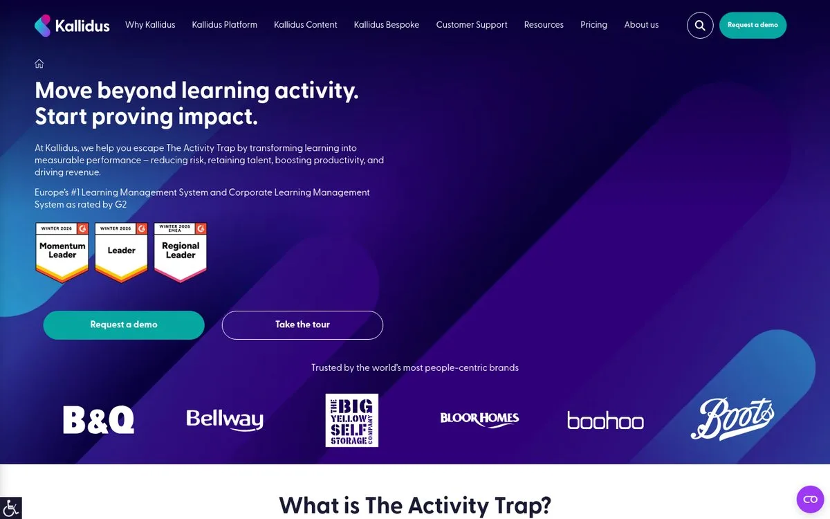 Kallidus homepage, a UK learning management system sold on a named-user basis
