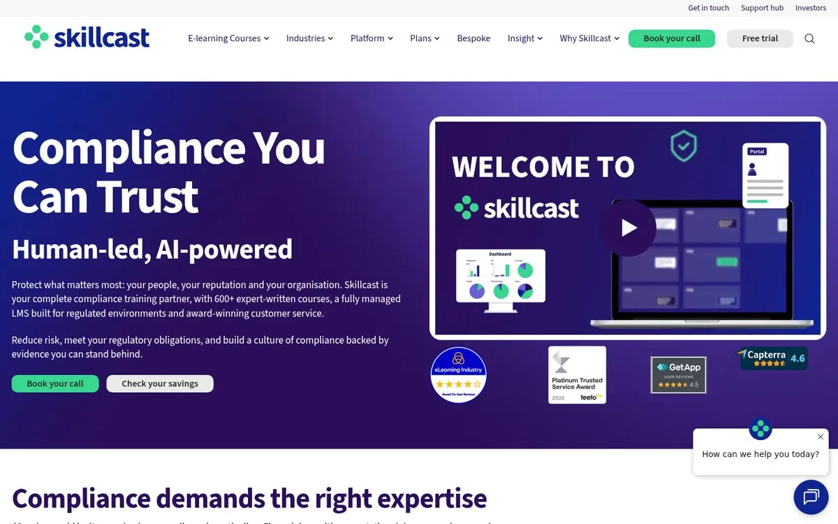 Skillcast homepage, a UK compliance e-learning platform with per-user pricing