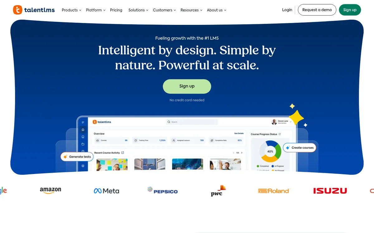 TalentLMS homepage, a cloud LMS with a free plan for up to five users