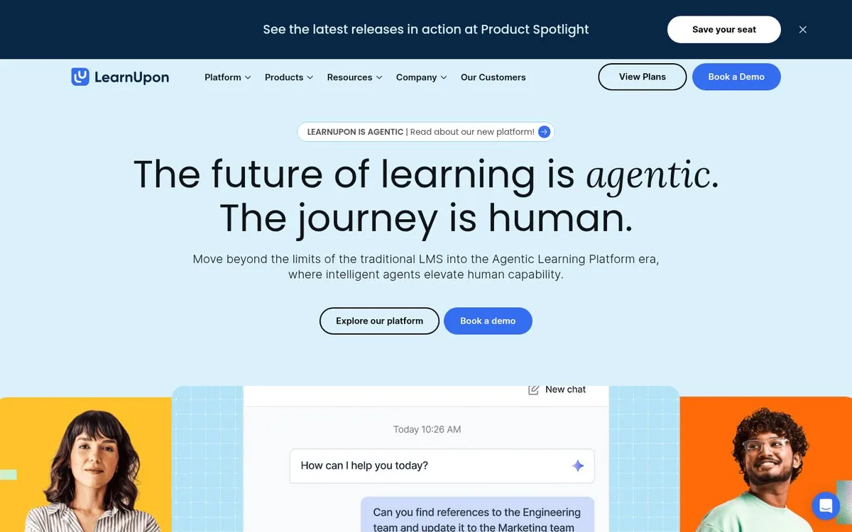 LearnUpon homepage, an enterprise learning platform with an associations plan from 150 users