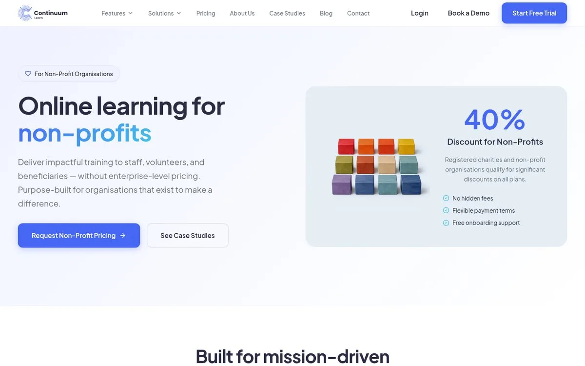 Continuum Learn non-profit online learning page showing the 40% charity discount