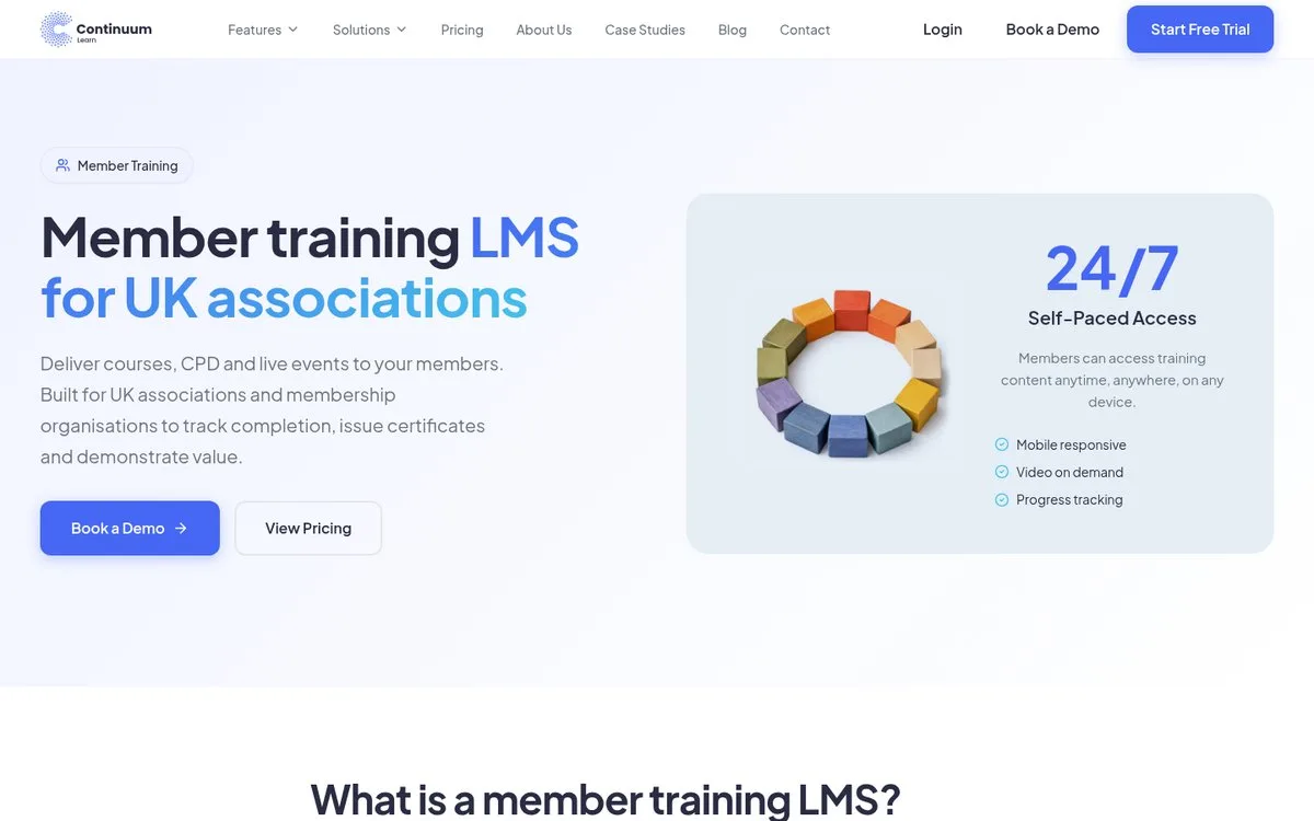 Continuum Learn member training LMS page for UK associations