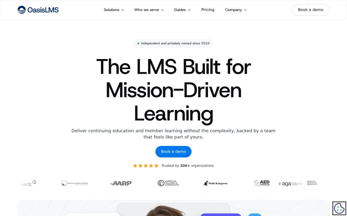 Oasis LMS homepage, an association and continuing-education LMS based in Chicago