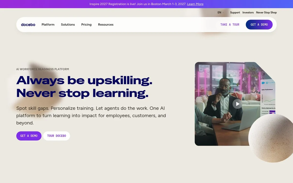 Docebo homepage, an AI-first enterprise LMS priced on active users