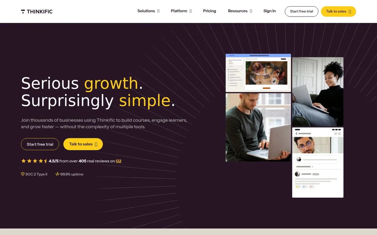 Thinkific homepage, an online course platform with a 50% non-profit discount