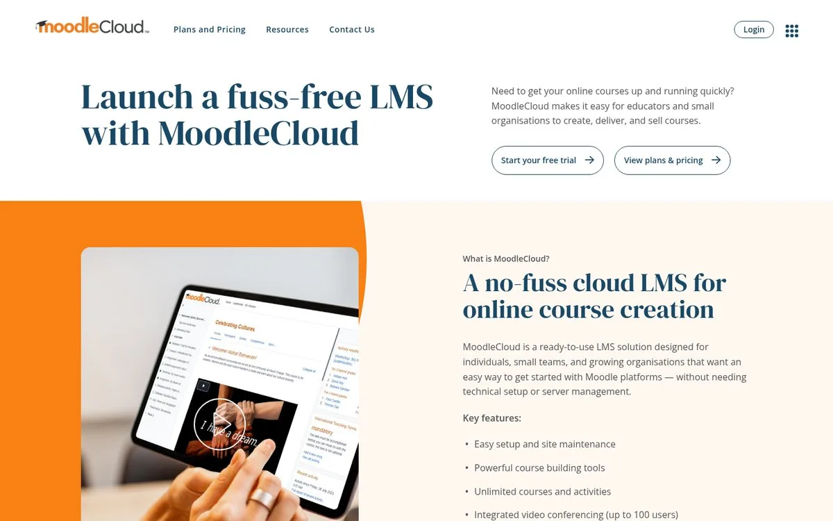 MoodleCloud homepage, the hosted version of the open-source Moodle LMS