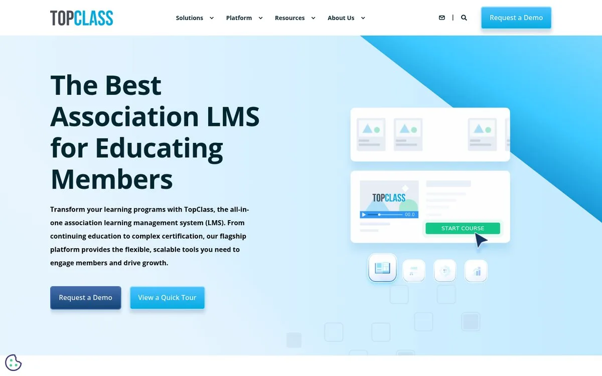 TopClass LMS homepage describing itself as the association LMS for educating members