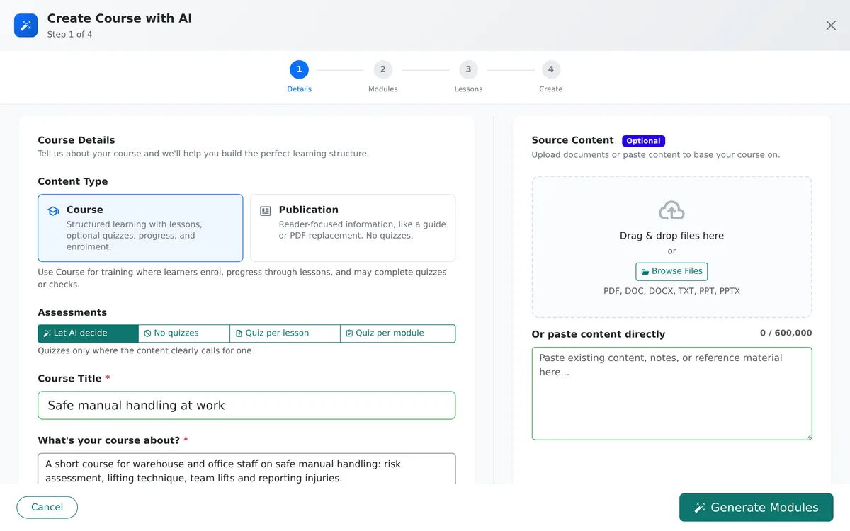The Create Course with AI screen showing content type options, assessment choices, a course title and topic, and a source upload area