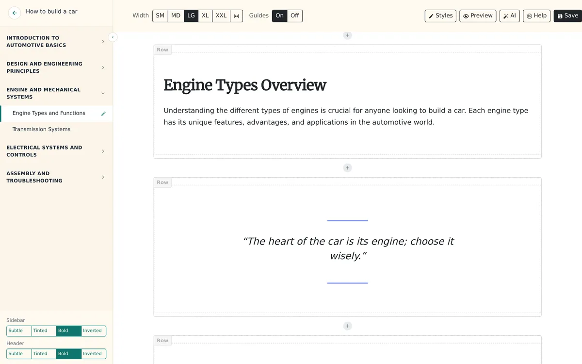 A lesson in the Continuum Learn course builder with a heading, introduction text and a statement block, and the module and lesson list on the left