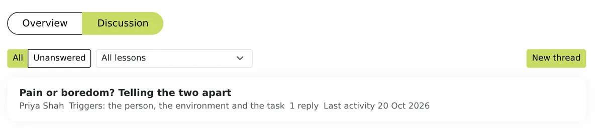 Continuum Learn course page Discussion tab listing a thread with its lesson, reply count and last activity date