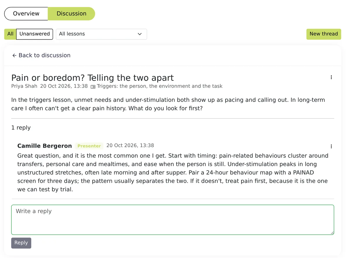 Course discussion thread in Continuum Learn showing a learner question tagged with its lesson and a reply from the presenter with a Presenter badge