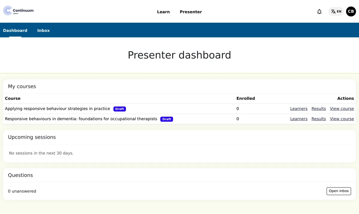 Continuum Learn presenter dashboard listing the presenter's courses with Learners, Results and View course links, upcoming sessions and unanswered questions