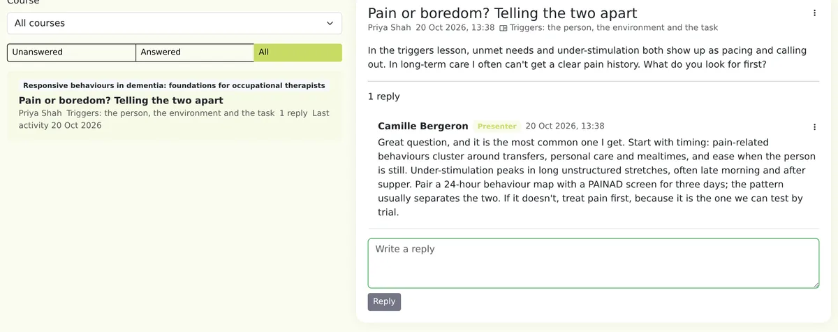 Presenter inbox in Continuum Learn with a course filter, unanswered and answered tabs, and an open thread with a reply box