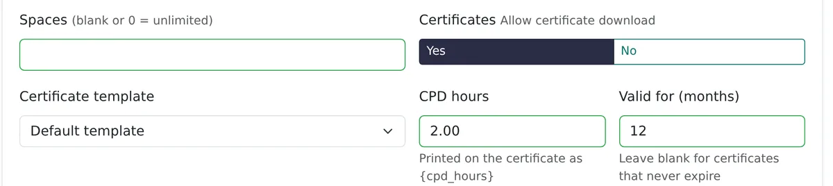 Course settings with CPD hours, certificate template and validity fields