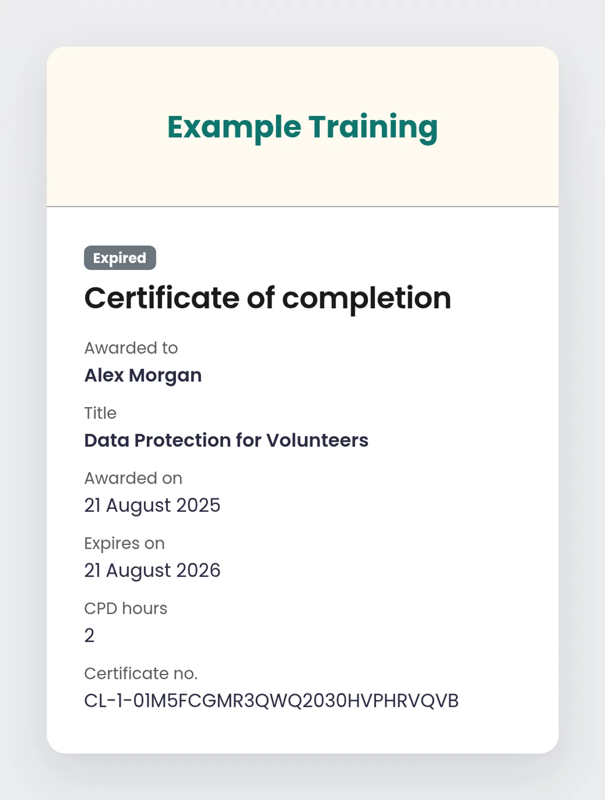 Public certificate verification page showing an Expired badge, awarded and expiry dates, 2 CPD hours and a certificate number
