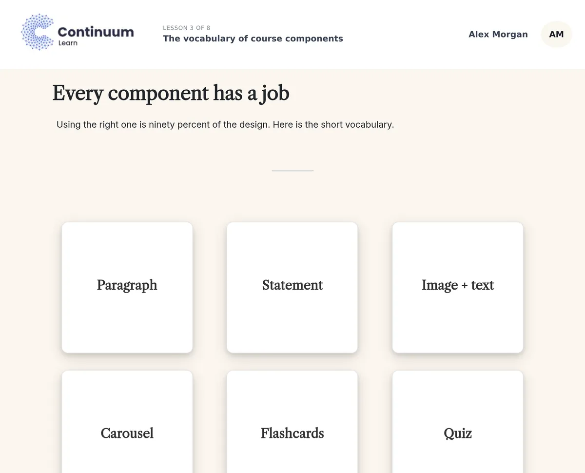 Learner view of a Continuum lesson showing a heading and a grid of component cards
