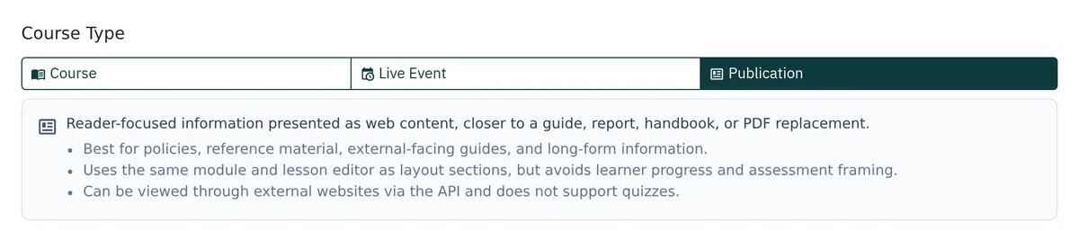 Course Type selector with Course, Live Event and Publication options, Publication selected and its description shown