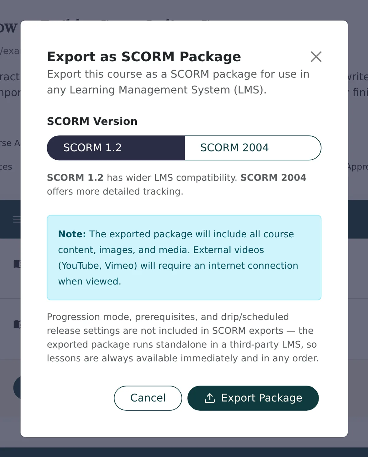 Export as SCORM Package dialog with SCORM 1.2 and SCORM 2004 options and an Export Package button
