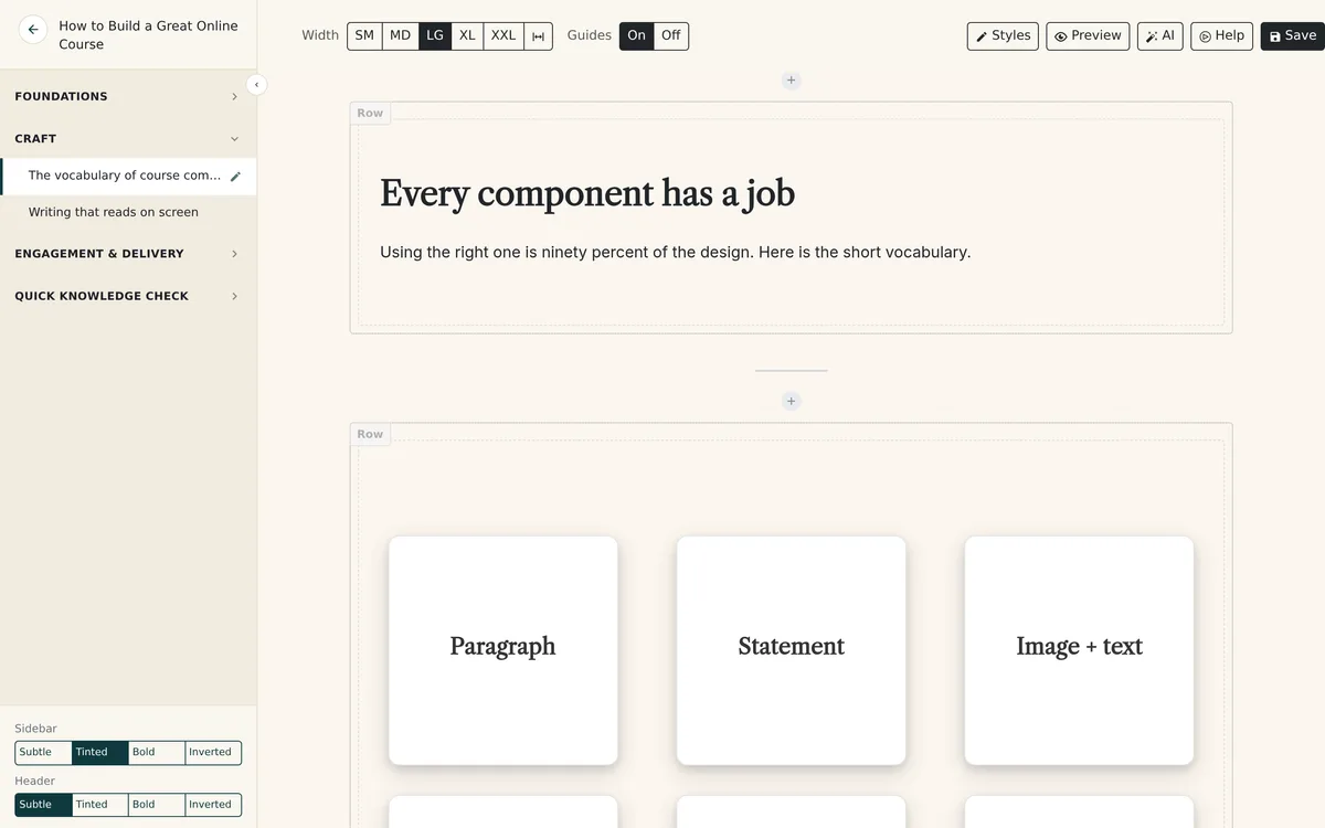 Continuum Learn course builder editing a lesson titled Every component has a job, with module navigation on the left