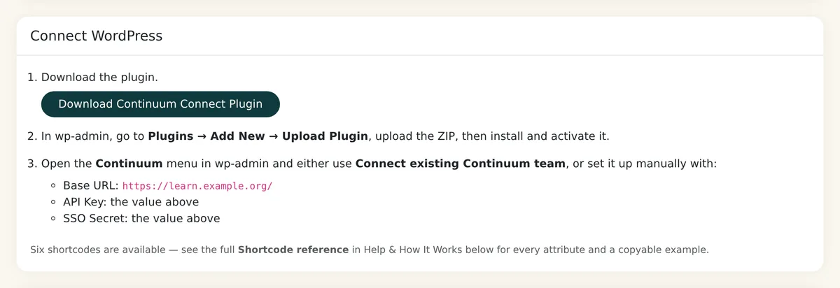 Connect WordPress settings card with a Download Continuum Connect Plugin button and setup steps