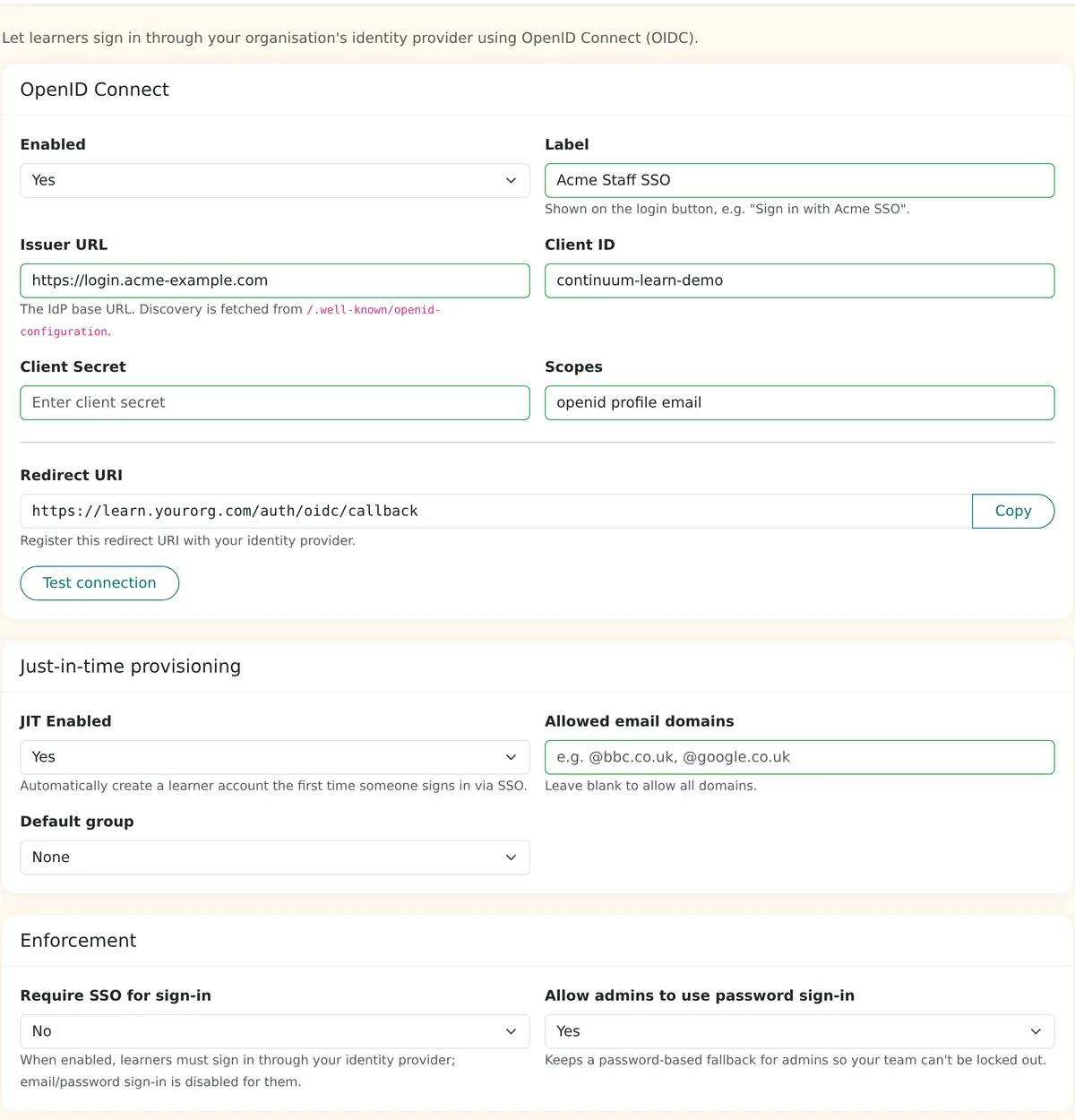 Single Sign-On settings with label, issuer URL, client ID, scopes, redirect URI and Test connection button