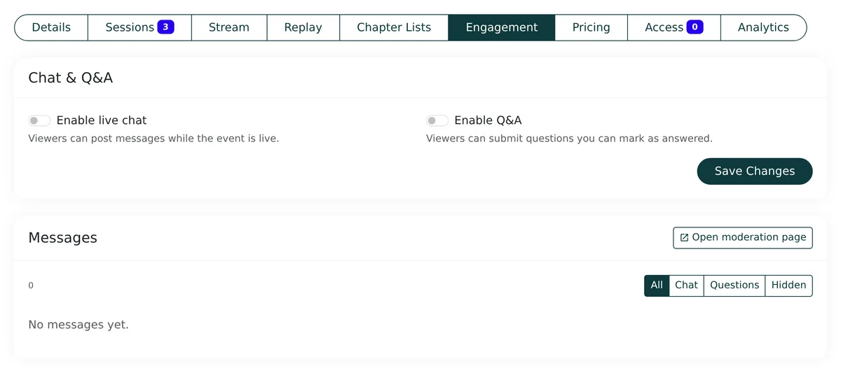 Engagement tab with toggles for live chat and Q&A and a moderated message list
