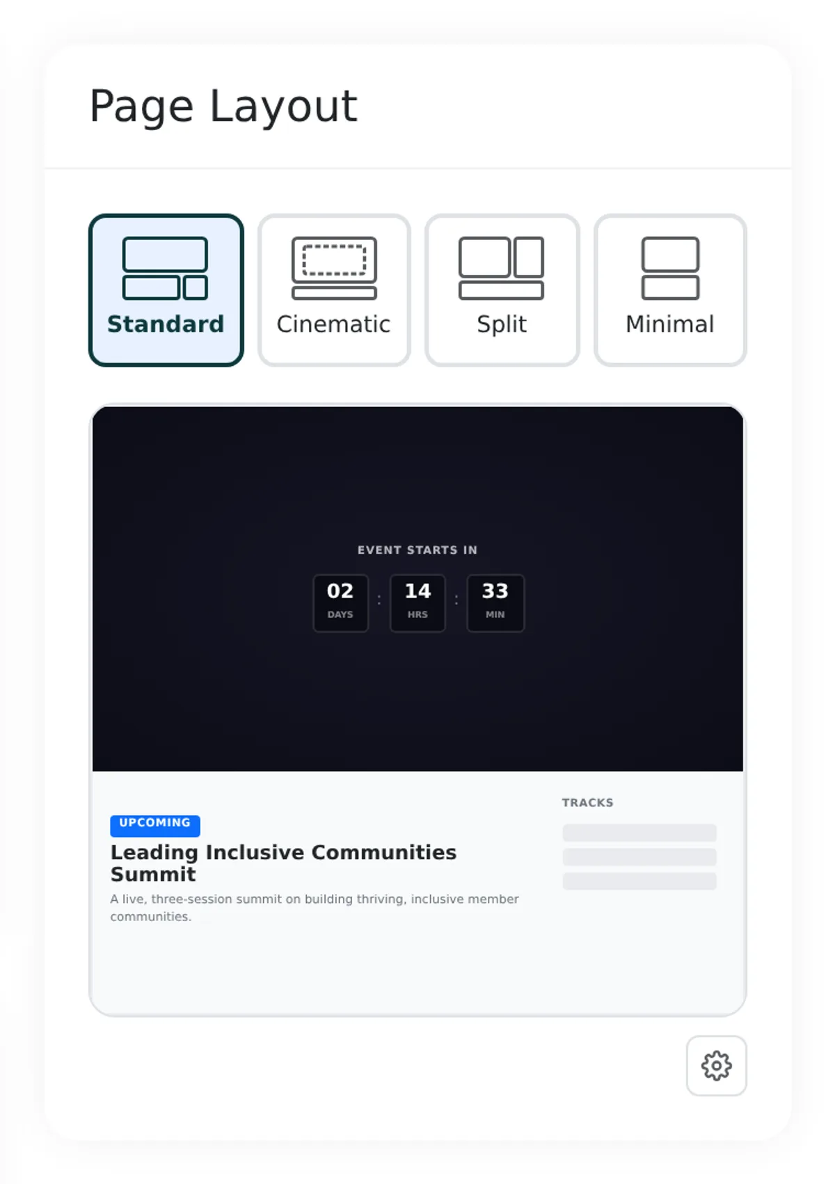 Page layout chooser with Standard, Cinematic, Split and Minimal options and a live preview