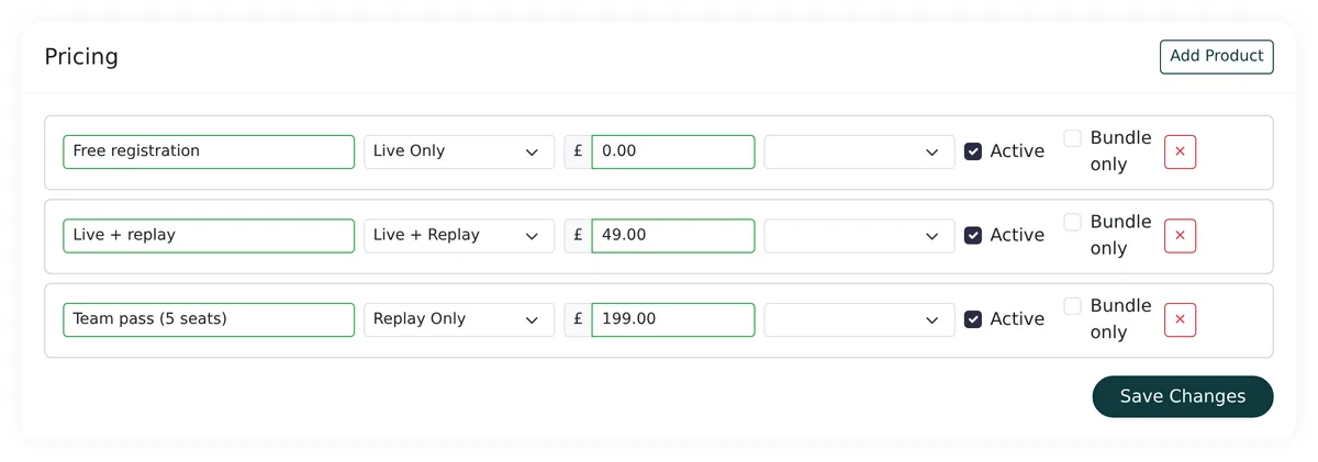 Event pricing tab listing products with access types and prices