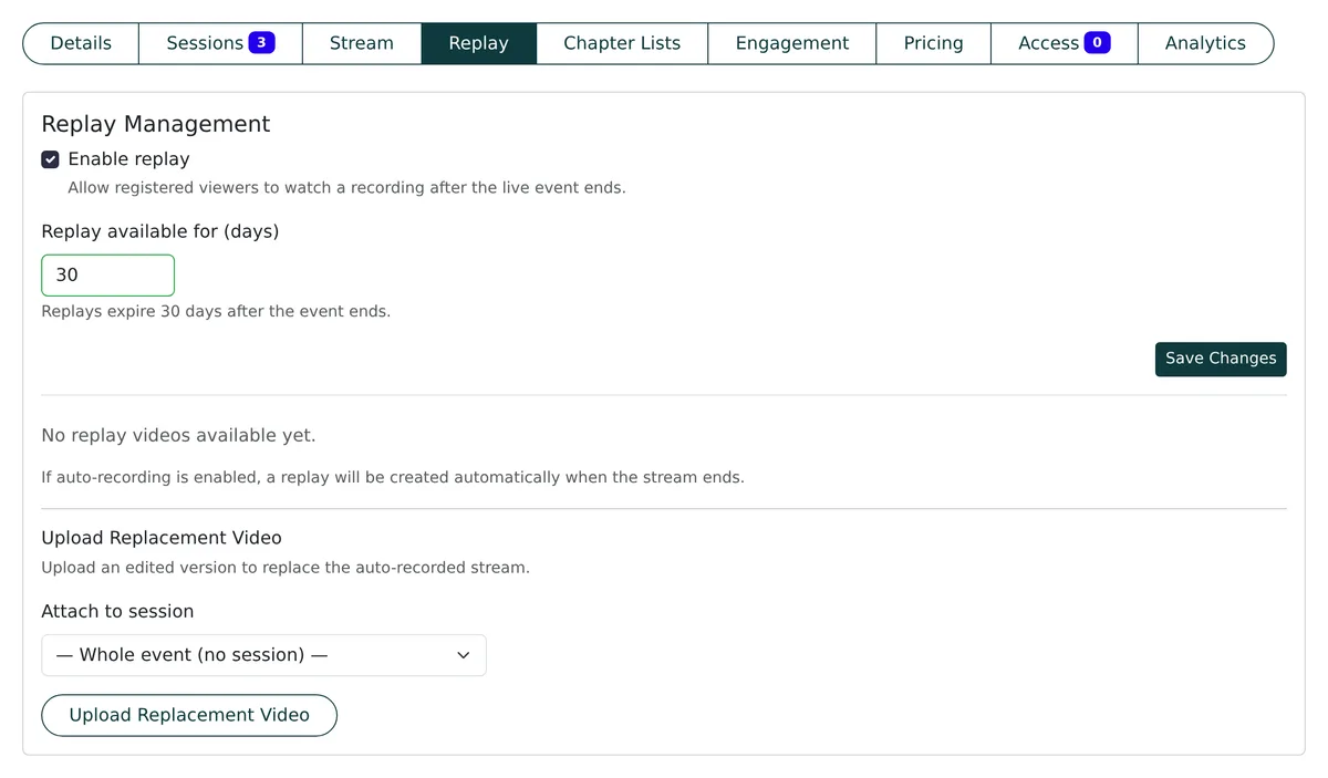 Replay management panel with an enable-replay checkbox, a replay window in days and an upload replacement video option