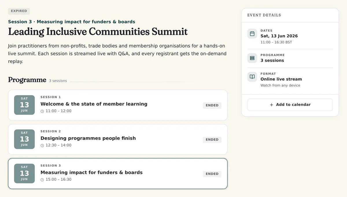 Watch page showing a three-session programme and an event details card