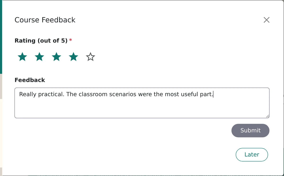Course feedback prompt with a five-star rating and a feedback comment box