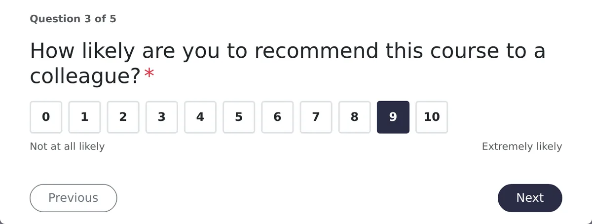 Learner view of an NPS question asking how likely they are to recommend the course, with 9 selected