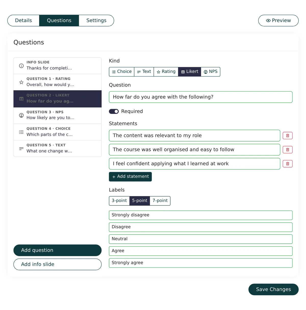 Survey editor with a question list on the left and a Likert question being edited on the right