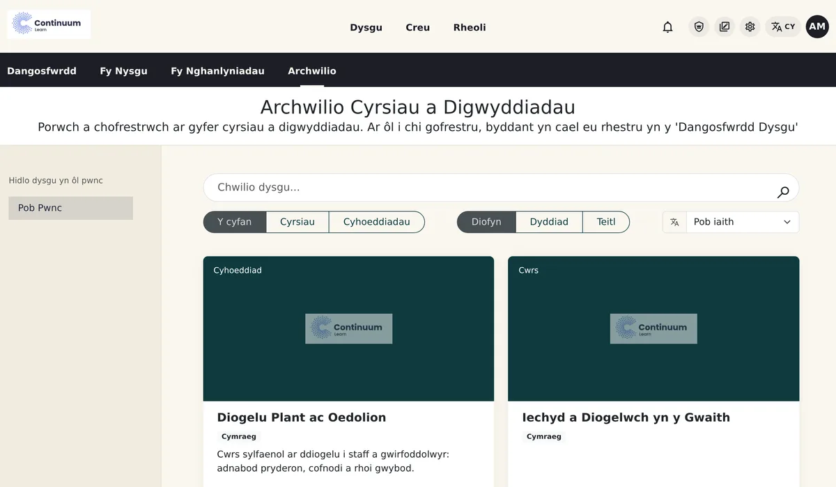 Continuum Learn course catalogue in Welsh showing Archwilio Cyrsiau a Digwyddiadau, search, filters and course cards tagged Cymraeg