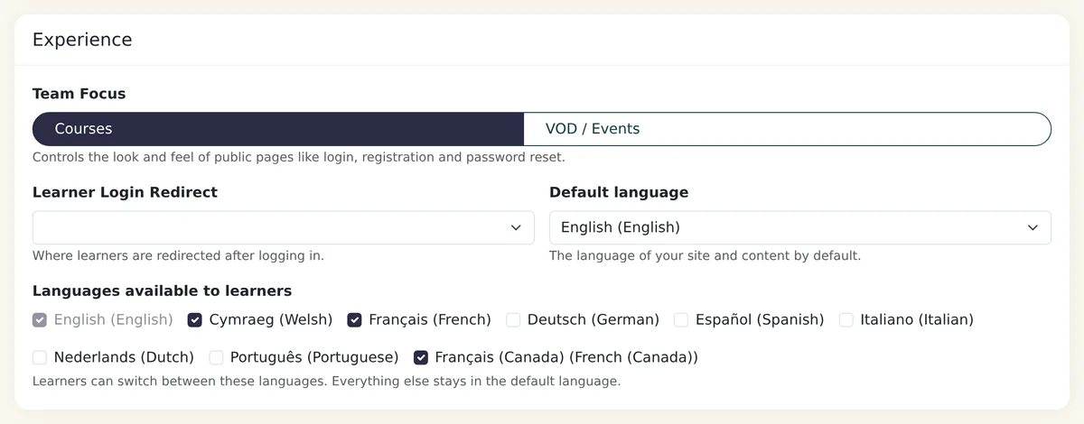 Manage settings card with Default language set to English and checkboxes for Cymraeg, Français and Français (Canada) under Languages available to learners