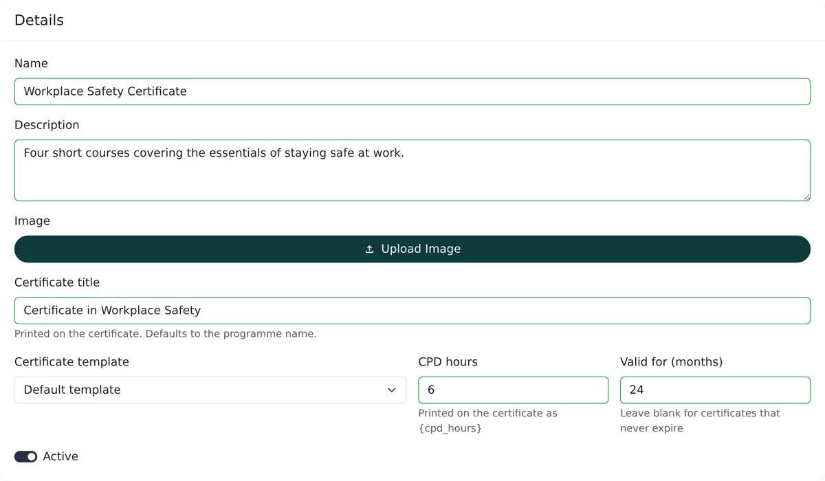 Programme details form with certificate title, certificate template, CPD hours of 6 and validity of 24 months