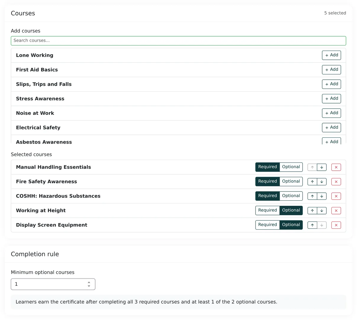 Programme editor listing five safety courses with Required and Optional toggles and a completion rule summary