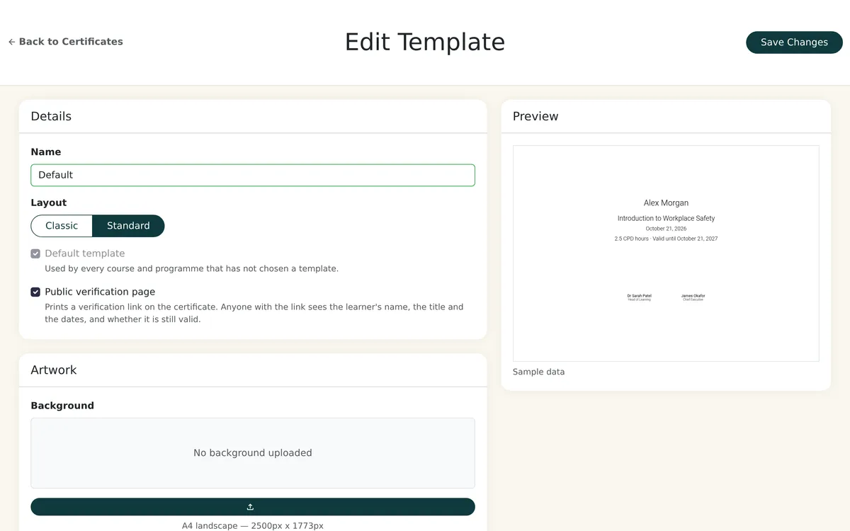 Certificate template editor with layout choice, public verification toggle and a live certificate preview