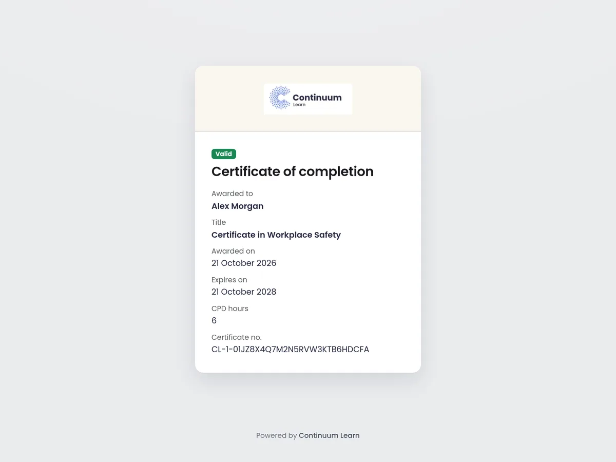 Certificate verification page showing a Valid badge, the learner name, title, award and expiry dates, CPD hours and certificate number