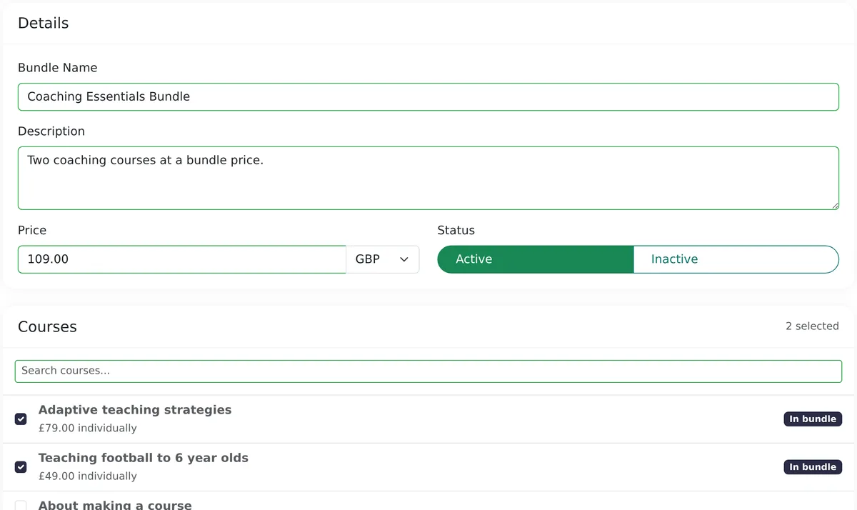 Bundle editor with the name Coaching Essentials Bundle, price 109 pounds, status Active and two selected courses with individual prices of 79 and 49 pounds