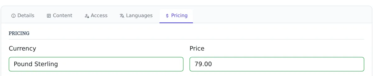 Course settings Pricing tab showing a currency of Pound Sterling and a price of 79.00