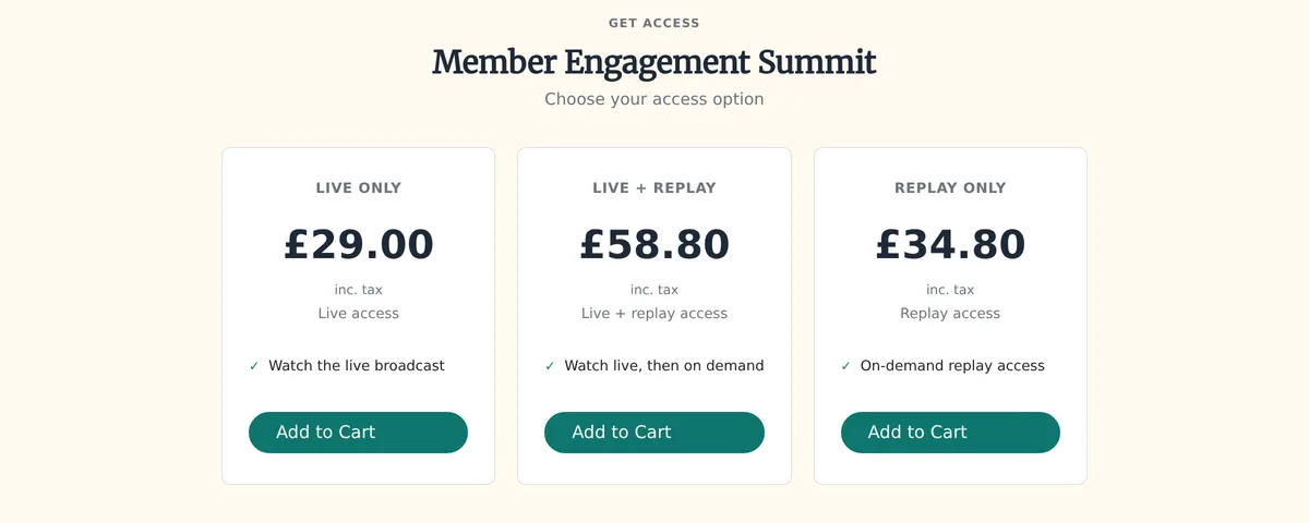 Event purchase page with three products and prices in pounds