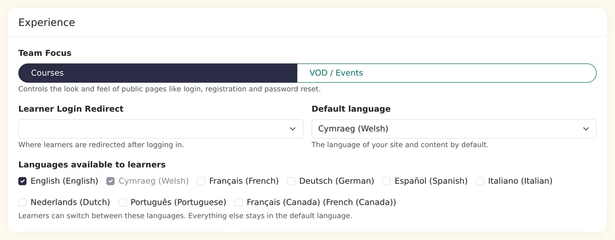 Settings card with Cymraeg selected as the default language and English and Cymraeg ticked under Languages available to learners