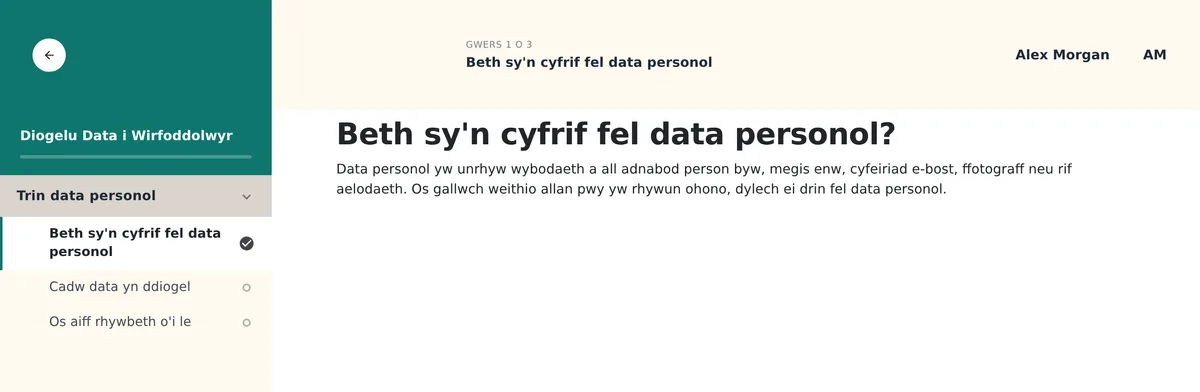 A lesson in Welsh with the course title, module and lesson list and lesson text all in Cymraeg