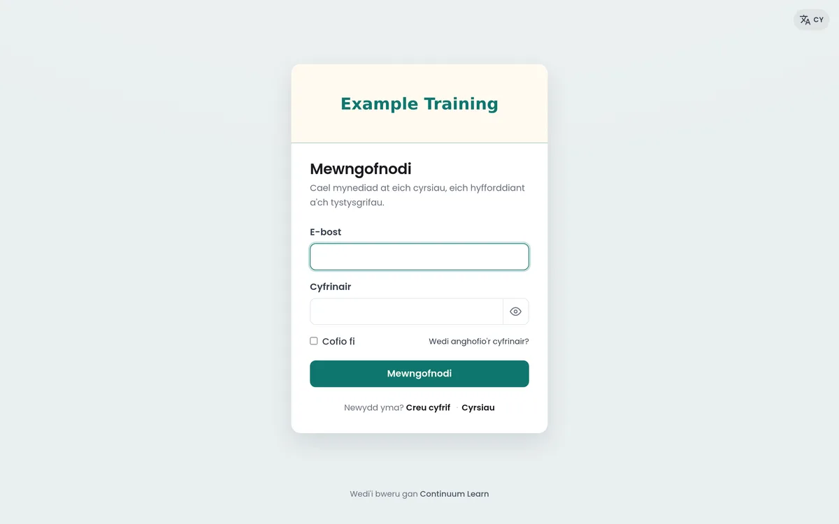 Continuum Learn sign-in page in Welsh with a language selector
