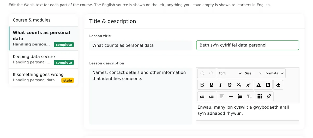Course translation editor with the English source on the left and Welsh on the right, and complete and stale status chips on three lessons