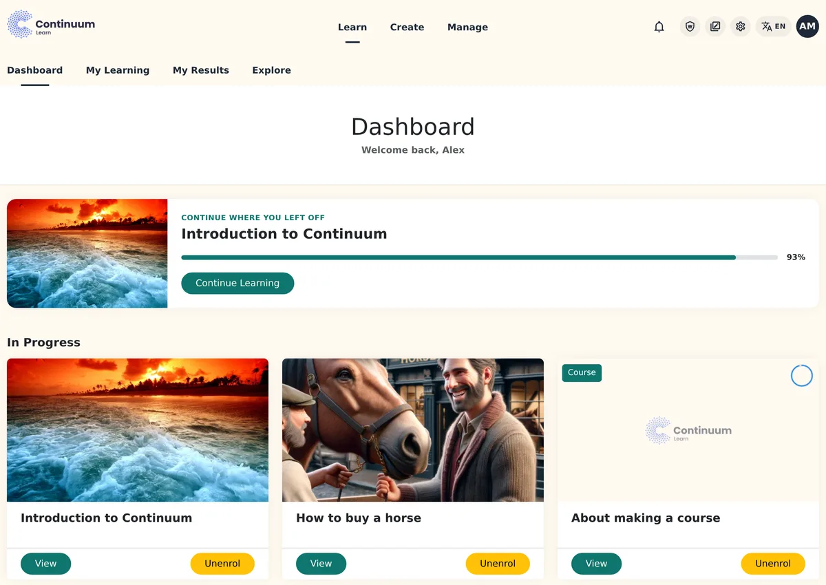 Learner dashboard showing a custom logo in the header, a teal colour theme, the main navigation and course cards