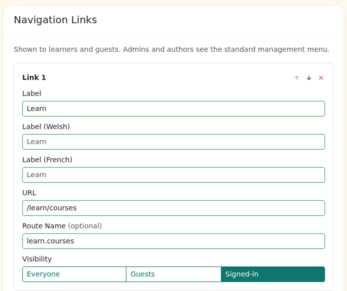 Navigation Links settings showing a link with label, Welsh and French labels, URL and visibility options
