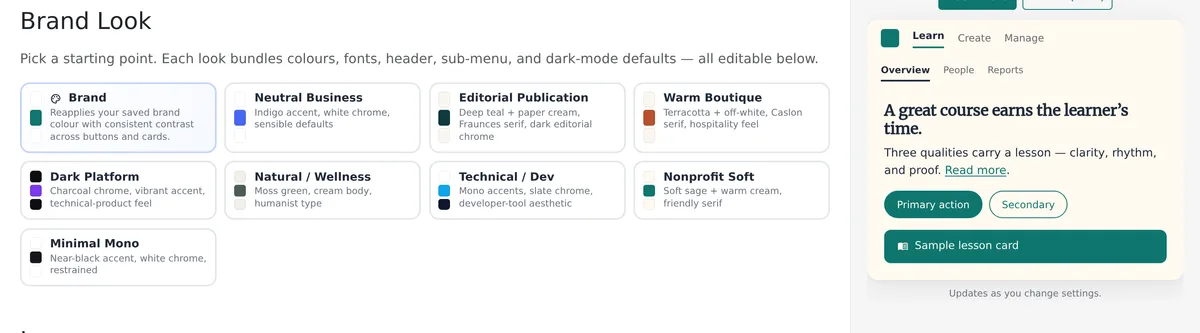 Brand Look options in Theme settings beside a live preview of a branded learner dashboard
