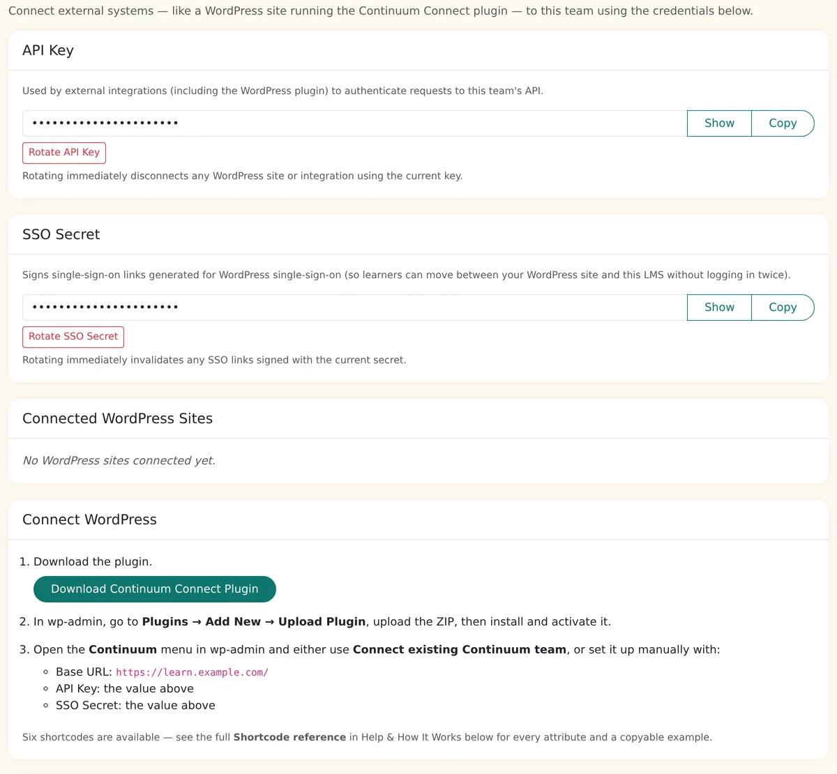 Integrations settings page with masked API key and SSO secret, a connected WordPress sites list and the Connect WordPress steps with a download button